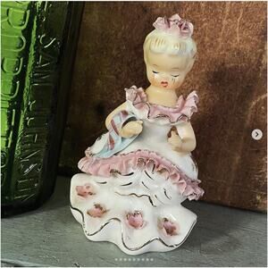 Vintage Unmarked Holt Howard (3034) Porcelain Girl Pink Dress Figurine Ruffle